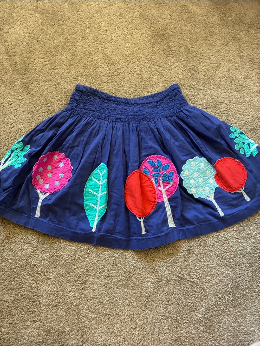 Mini Boden Girls Blue Smocked Applique Tree and Leaf Cotton Skirt Size 7-8